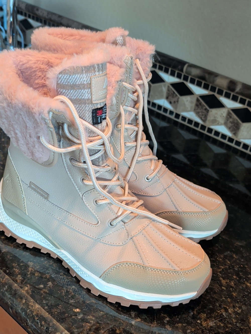 Ozark Trail Women's Cream Faux-Fur Lace-Up Winter Boots